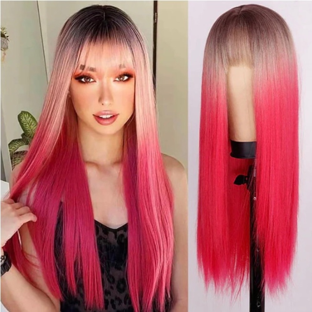 2 NWT - Pink Ombré Long Straight Synthetic Wigs with Bangs - 26”